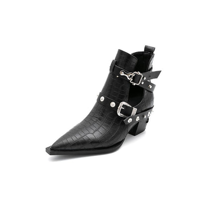 Crocodile Pattern Pointed Toe Rivets Buckle Block Chunky Heel Short Boots for Women