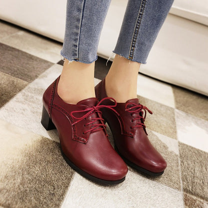 Ladies Pu Leather Square Toe Tied Lace Up Stitching Block Heel Chunky Heels Oxford Shoes