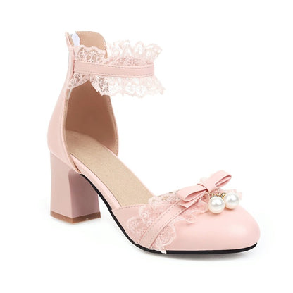 Ladies Lace Butterfly Knot Pearls Ankle Strap Chunky Heel Block Heel Sandals