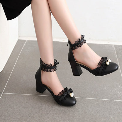 Ladies Lace Butterfly Knot Pearls Ankle Strap Chunky Heel Block Heel Sandals