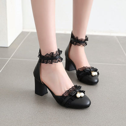 Ladies Lace Butterfly Knot Pearls Ankle Strap Chunky Heel Block Heel Sandals