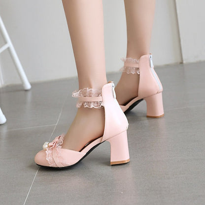 Ladies Lace Butterfly Knot Pearls Ankle Strap Chunky Heel Block Heel Sandals