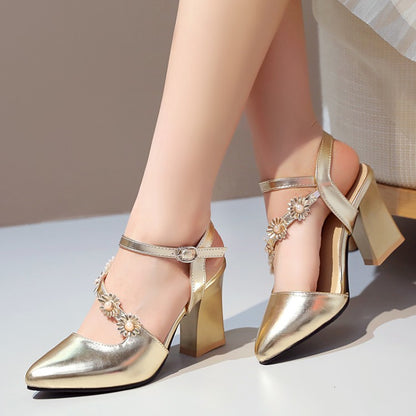 Ladies Glossy Pointed Toe Flora Wrap Strap Chunky Heel Sandals