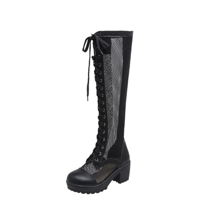 Ladies Pu Leather Mesh Lace Up Block Heel Platform Knee High Boots