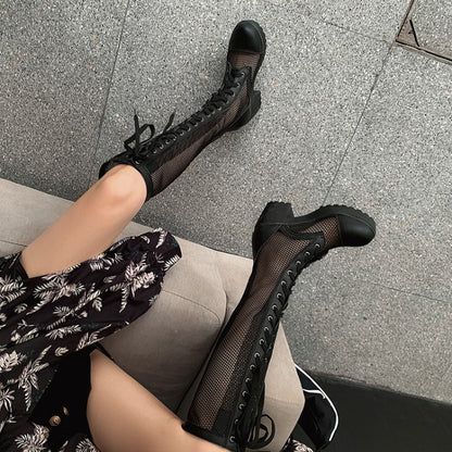 Ladies Pu Leather Mesh Lace Up Block Heel Platform Knee High Boots