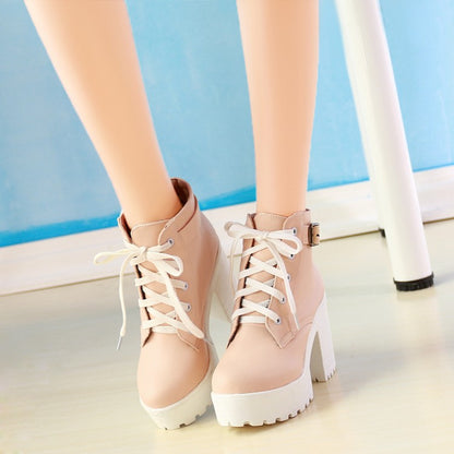 Round Toe Lace-Up Buckle Straps Block Chunky Heel Platform Short Boots for Women