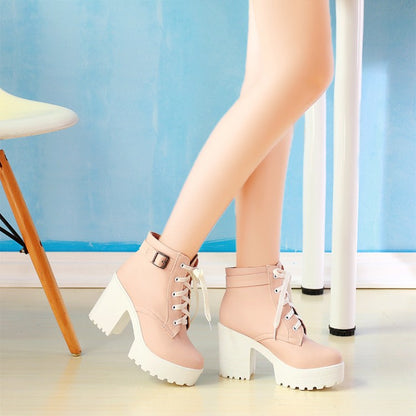 Round Toe Lace-Up Buckle Straps Block Chunky Heel Platform Short Boots for Women