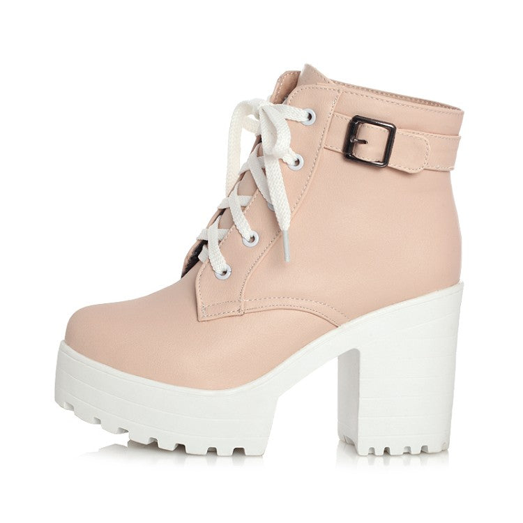 Round Toe Lace-Up Buckle Straps Block Chunky Heel Platform Short Boots for Women