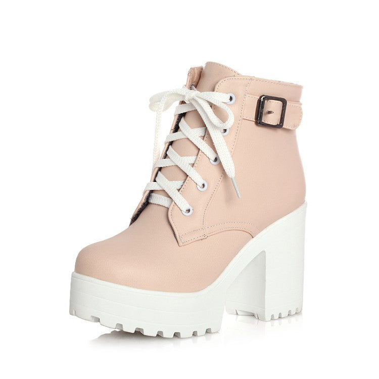 Round Toe Lace-Up Buckle Straps Block Chunky Heel Platform Short Boots for Women