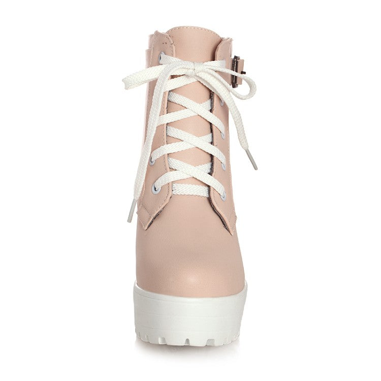 Round Toe Lace-Up Buckle Straps Block Chunky Heel Platform Short Boots for Women