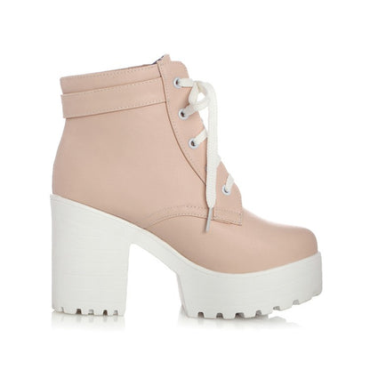 Round Toe Lace-Up Buckle Straps Block Chunky Heel Platform Short Boots for Women