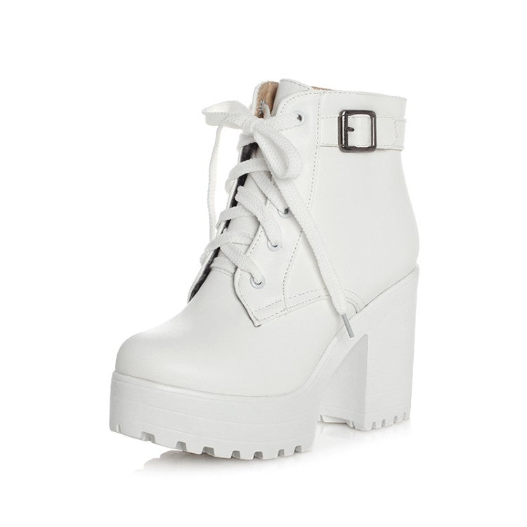 Round Toe Lace-Up Buckle Straps Block Chunky Heel Platform Short Boots for Women