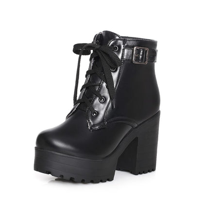 Round Toe Lace-Up Buckle Straps Block Chunky Heel Platform Short Boots for Women