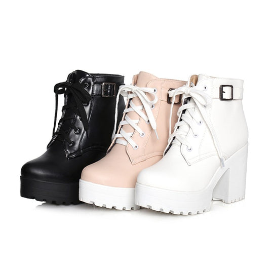 Round Toe Lace-Up Buckle Straps Block Chunky Heel Platform Short Boots for Women