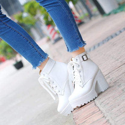 Round Toe Lace-Up Buckle Straps Block Chunky Heel Platform Short Boots for Women