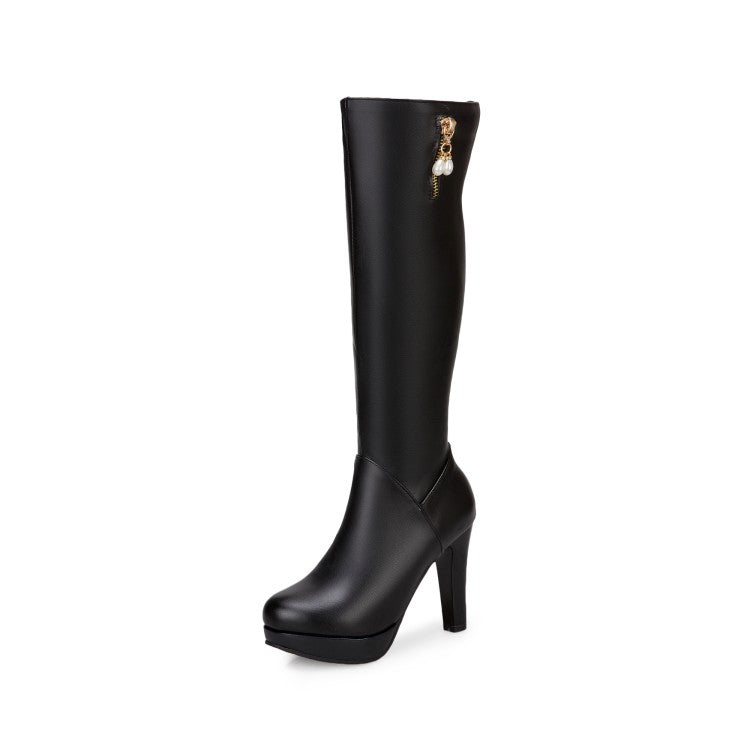 Side Zippers Knee High Pearls Block Chunky Heel Platform Knee High Boots for Women