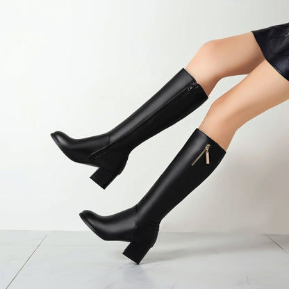 Side Zippers Pendants Block Chunky Heel Knee High Boots for Women