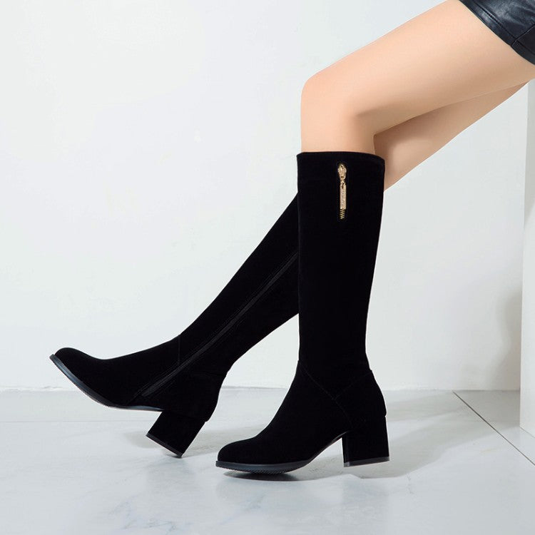 Side Zippers Pendants Block Chunky Heel Knee High Boots for Women