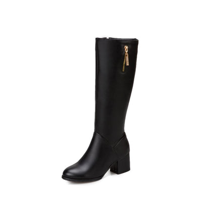 Side Zippers Pendants Block Chunky Heel Knee High Boots for Women