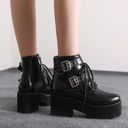 Glossy Round Toe Side Zippers Buckle Straps Lace Up Block Chunky Heel Platform Short Boots for Women