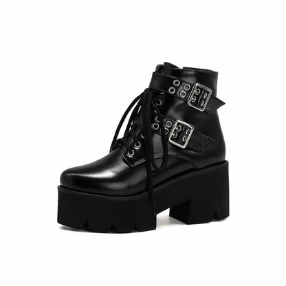 Glossy Round Toe Side Zippers Buckle Straps Lace Up Block Chunky Heel Platform Short Boots for Women