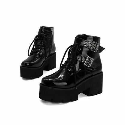 Glossy Round Toe Side Zippers Buckle Straps Lace Up Block Chunky Heel Platform Short Boots for Women