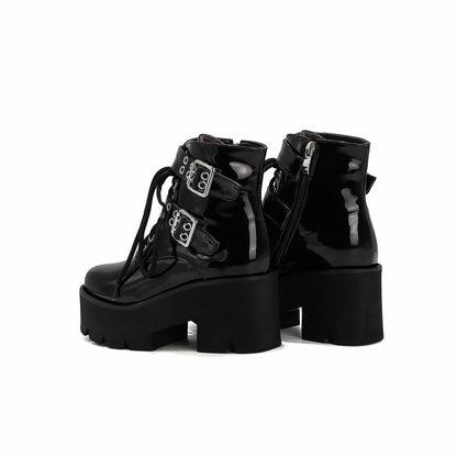 Glossy Round Toe Side Zippers Buckle Straps Lace Up Block Chunky Heel Platform Short Boots for Women