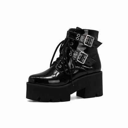 Glossy Round Toe Side Zippers Buckle Straps Lace Up Block Chunky Heel Platform Short Boots for Women