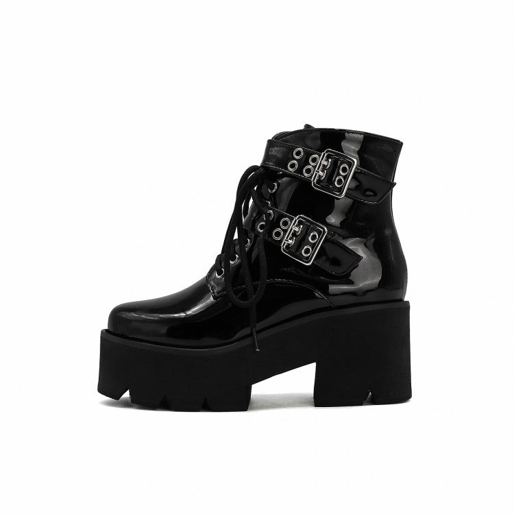 Glossy Round Toe Side Zippers Buckle Straps Lace Up Block Chunky Heel Platform Short Boots for Women