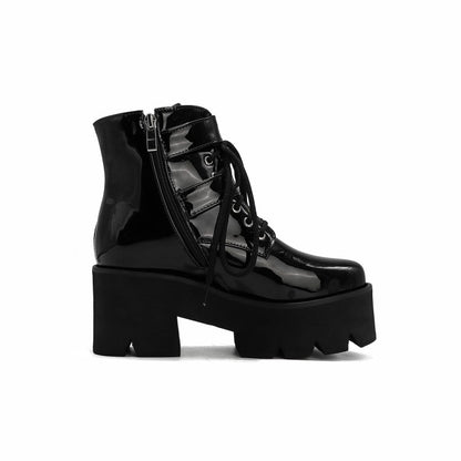 Glossy Round Toe Side Zippers Buckle Straps Lace Up Block Chunky Heel Platform Short Boots for Women