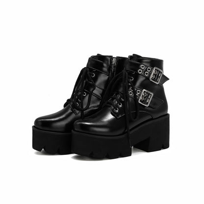 Glossy Round Toe Side Zippers Buckle Straps Lace Up Block Chunky Heel Platform Short Boots for Women