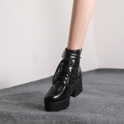 Glossy Round Toe Side Zippers Buckle Straps Lace Up Block Chunky Heel Platform Short Boots for Women