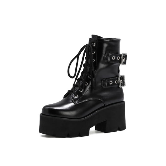 Lace Up Buckle Straps Riding Block Chunky Heel Platform Short Boots for Women