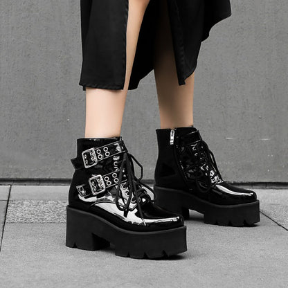 Glossy Round Toe Side Zippers Buckle Straps Lace Up Block Chunky Heel Platform Short Boots for Women