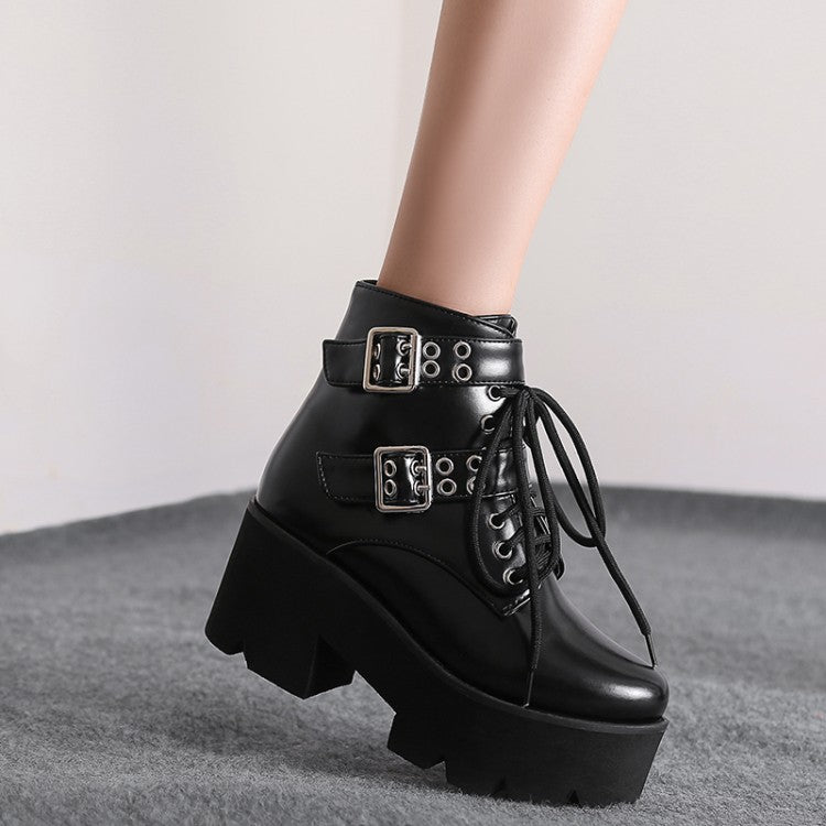 Glossy Round Toe Side Zippers Buckle Straps Lace Up Block Chunky Heel Platform Short Boots for Women