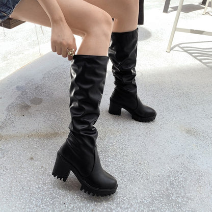 Round Toe Block Chunky Heel Platform Tall Boots for Women