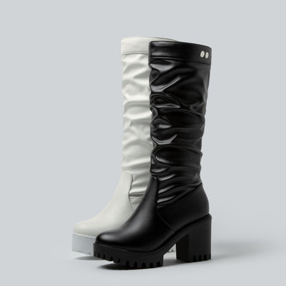 Block Chunky Heel Platform Mid Calf Boots for Women