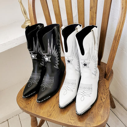 Ladies Embroidery Pointed Toe Low Heels Cowboy Mid Calf Boots