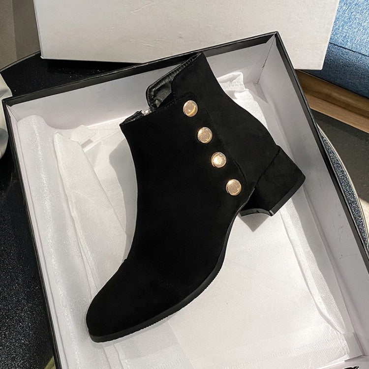 Flock Round Toe Rivets Block Chunky Heel Short Boots for Women