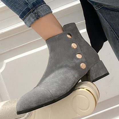 Flock Round Toe Rivets Block Chunky Heel Short Boots for Women