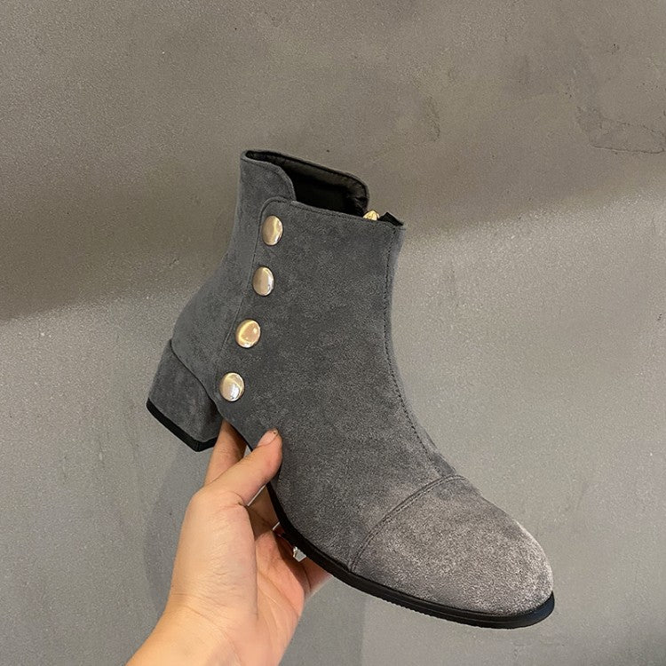 Flock Round Toe Rivets Block Chunky Heel Short Boots for Women