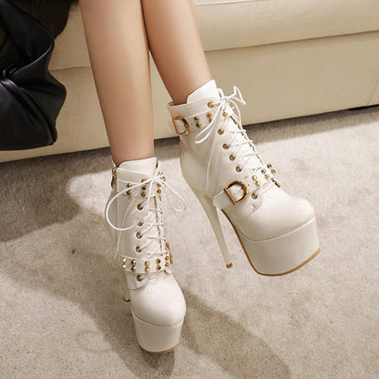 Ladies Glossy Almond Toe Buckles Belts Tied Stiletto Heel Platform Short Boots