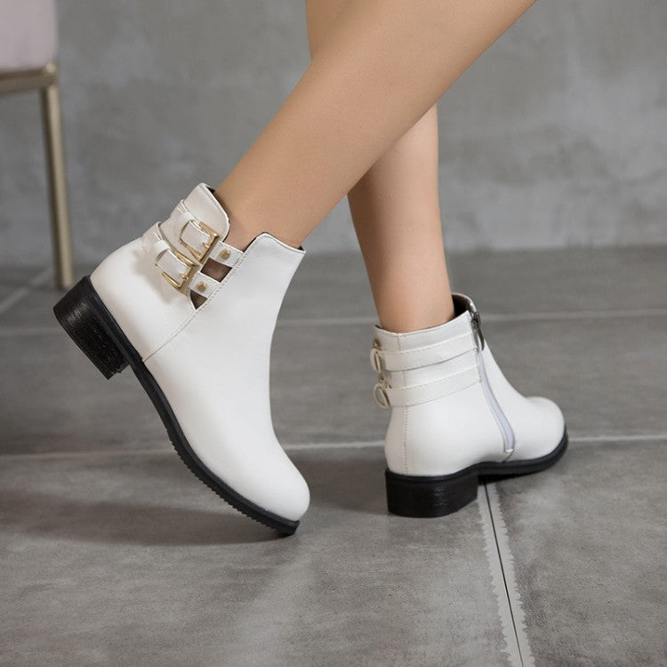 Pu Leather Side Zippers Buckle Straps Block Chunky Heel Platform Ankle Boots for Women