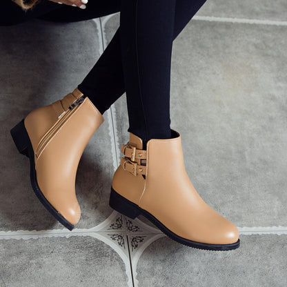 Pu Leather Side Zippers Buckle Straps Block Chunky Heel Platform Ankle Boots for Women