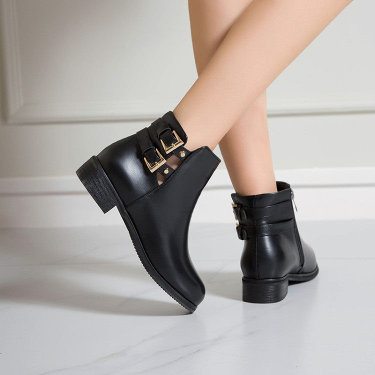 Pu Leather Side Zippers Buckle Straps Block Chunky Heel Platform Ankle Boots for Women