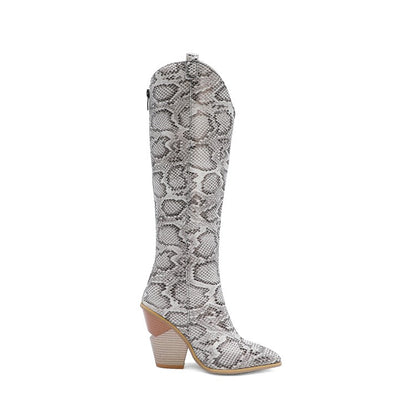 Ladies Crocodile Pattern Pointed Toe Back Zippers Block Heel Knee High Boots