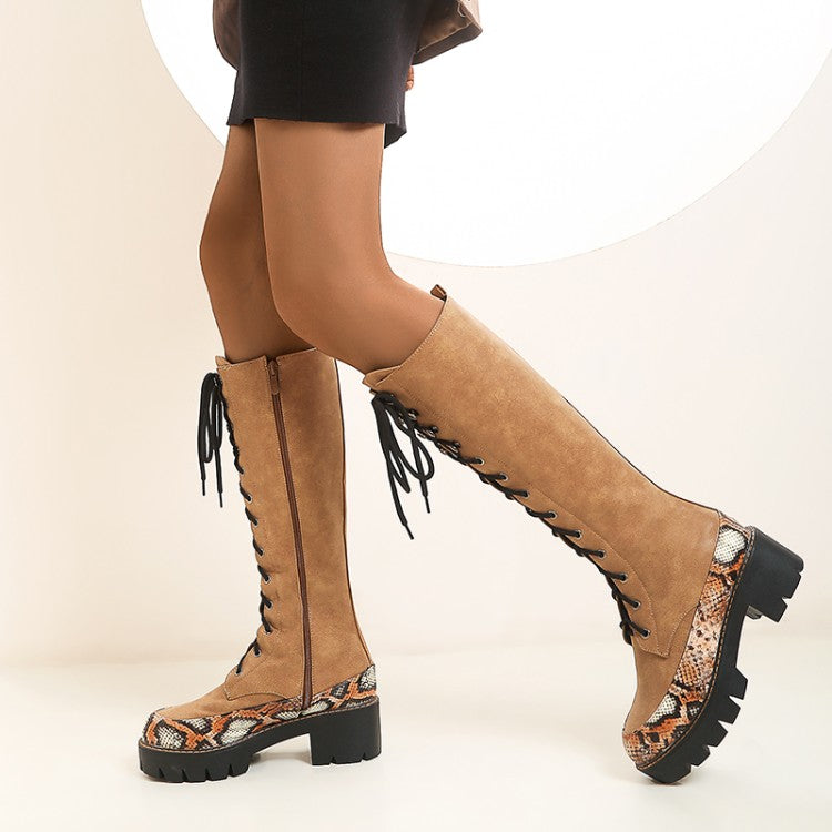 Ladies Patchwork Lace Up Platform Knee High Boots