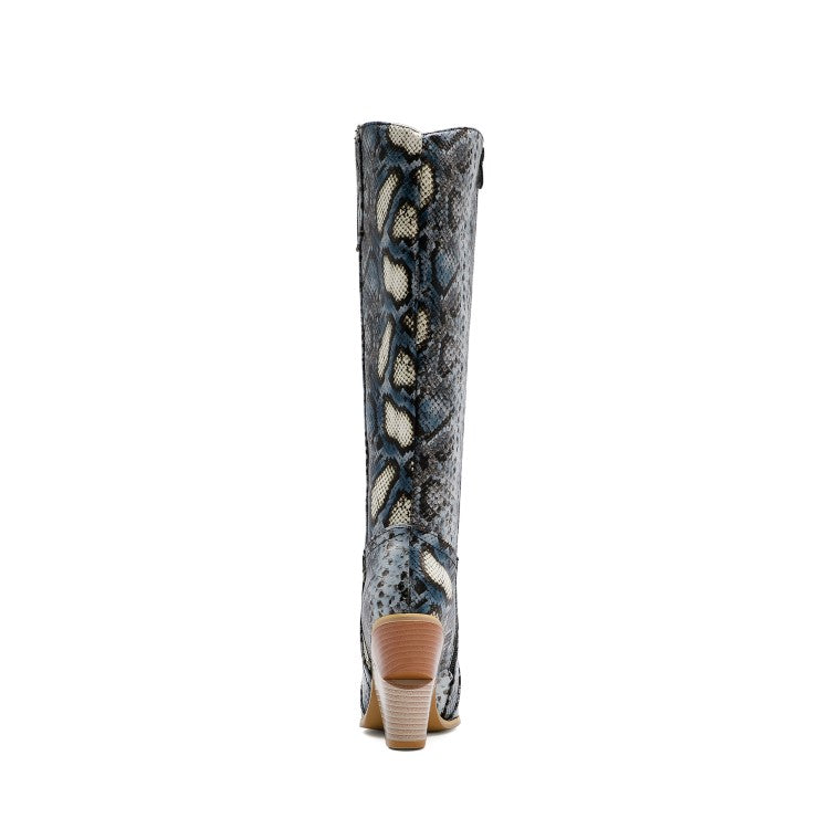 Ladies Snake Printed Pointed Toe Side Zippers Chunky Heel Knee High Boots