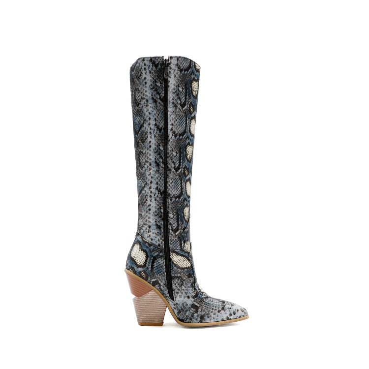 Ladies Snake Printed Pointed Toe Side Zippers Chunky Heel Knee High Boots