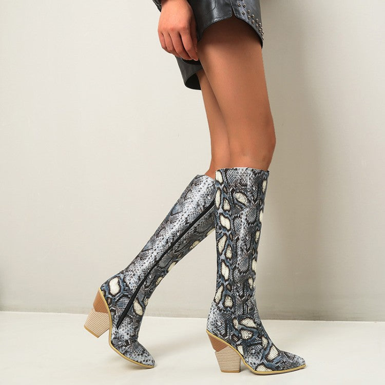 Ladies Snake Printed Pointed Toe Side Zippers Chunky Heel Knee High Boots